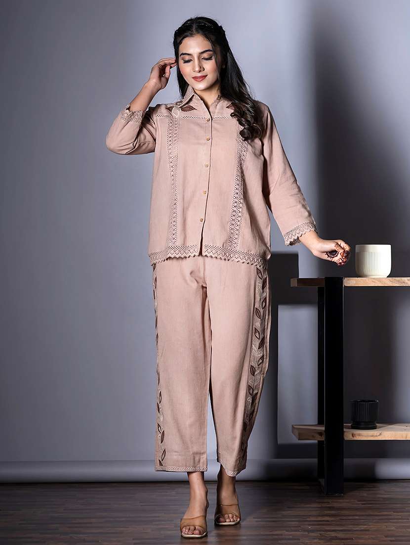women embroidered shirt collar neck co-ord sets - 21720302 - Standard Image - 2
