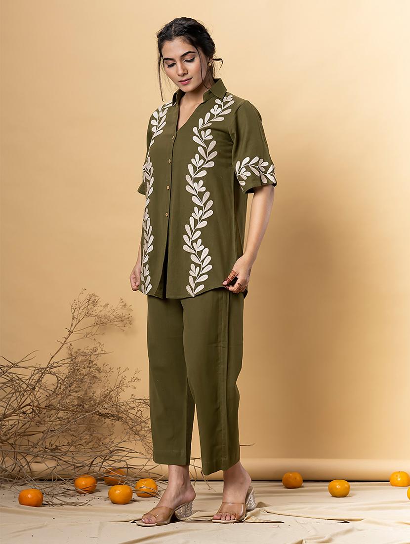 women embroidered shirt collar neck co-ord sets - 21720303 - Standard Image - 2