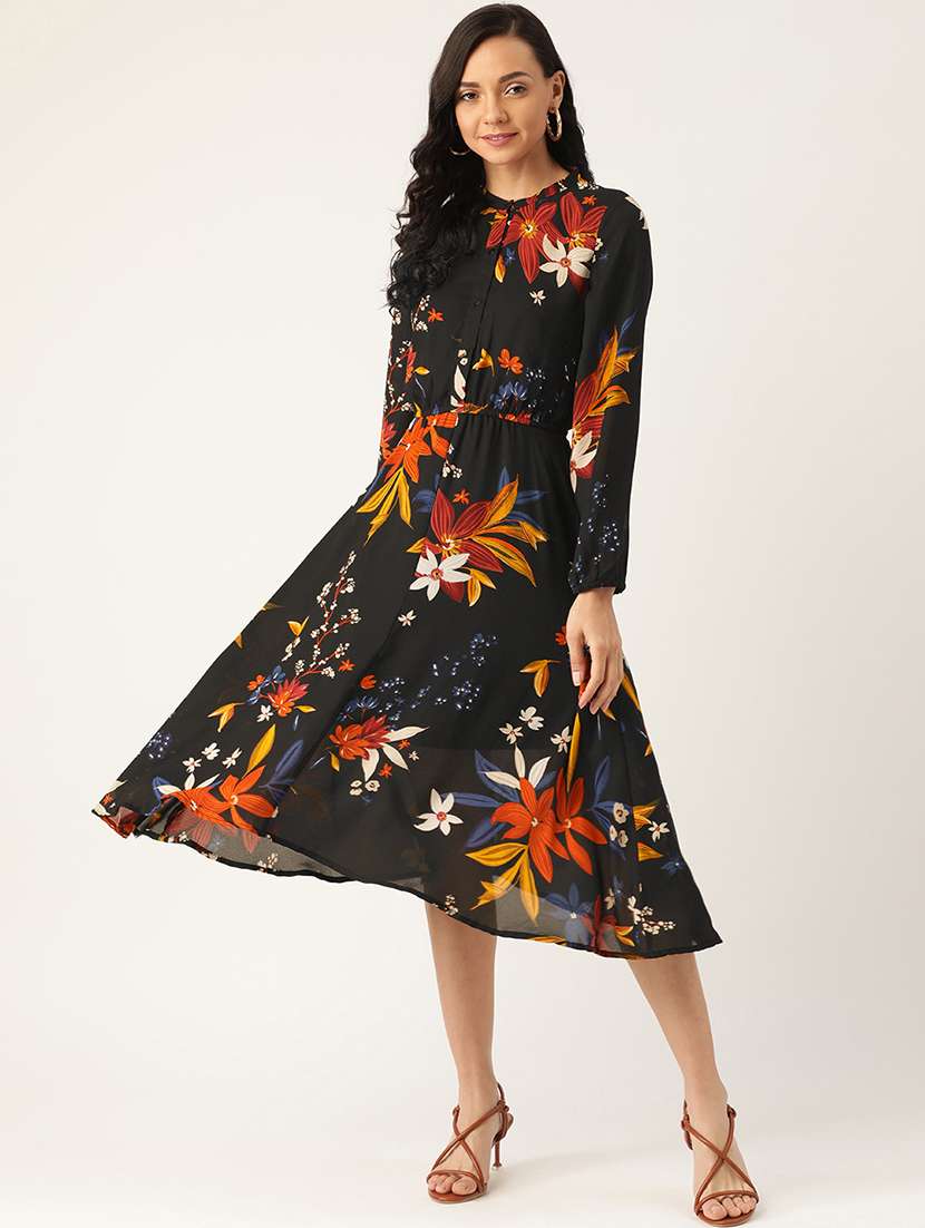 women floral print puff sleeves asymmmetric dress