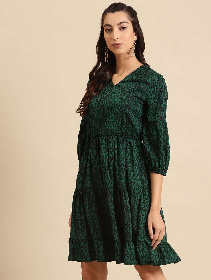 women printed puff sleeves tiered dress - 21720326 - Standard Image - 2