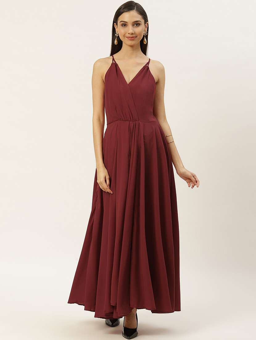women solid shoulder strap fit & flare dress