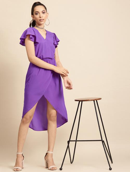 women solid flute sleeves asymmetric dress - 21720330 - Standard Image - 0