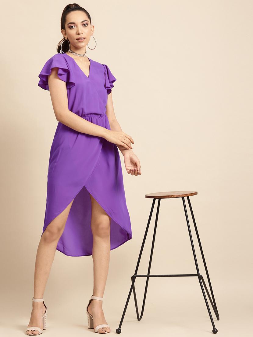 women solid flute sleeves asymmetric dress - 21720330 - Zoom Image - 0