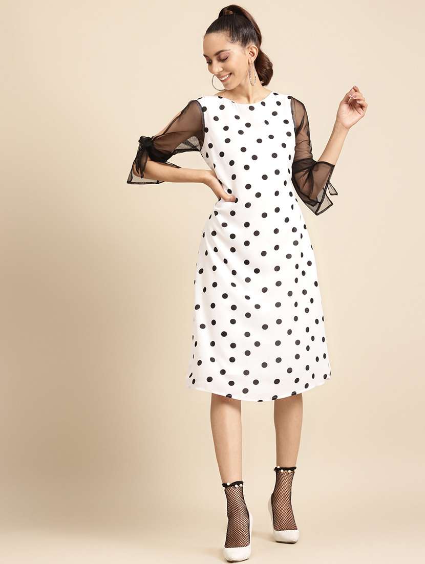 women polka doted slit sleeves a-line dress