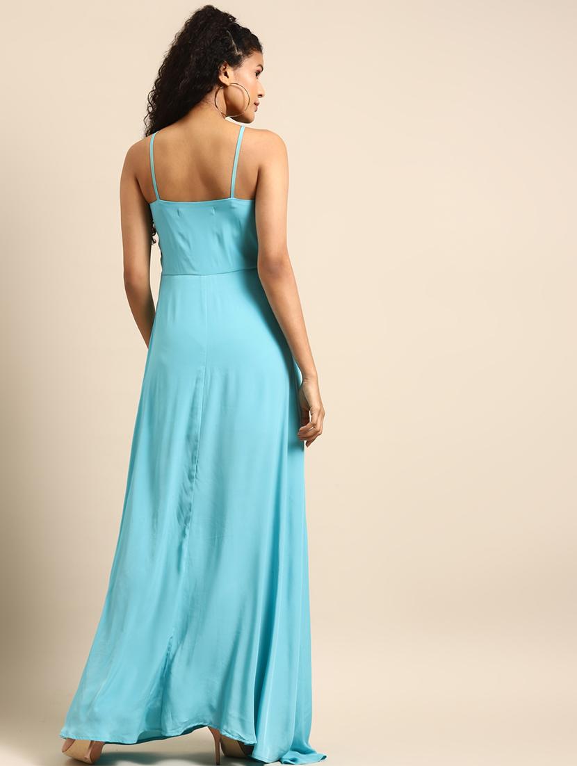 women solid shoulder strap high slit dress - 21720334 - Standard Image - 2