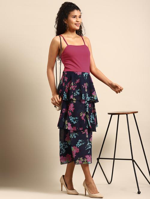 women floral print shoulder trap layered dress - 21720337 - Standard Image - 0