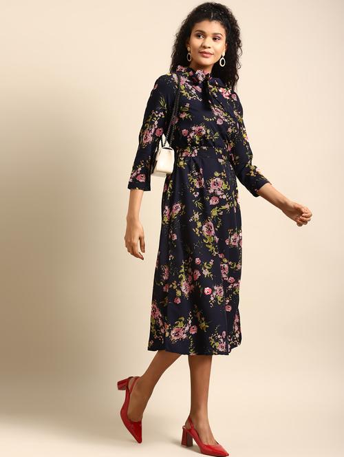 women floral print tie up neck a-line dress - 21720338 - Standard Image - 0