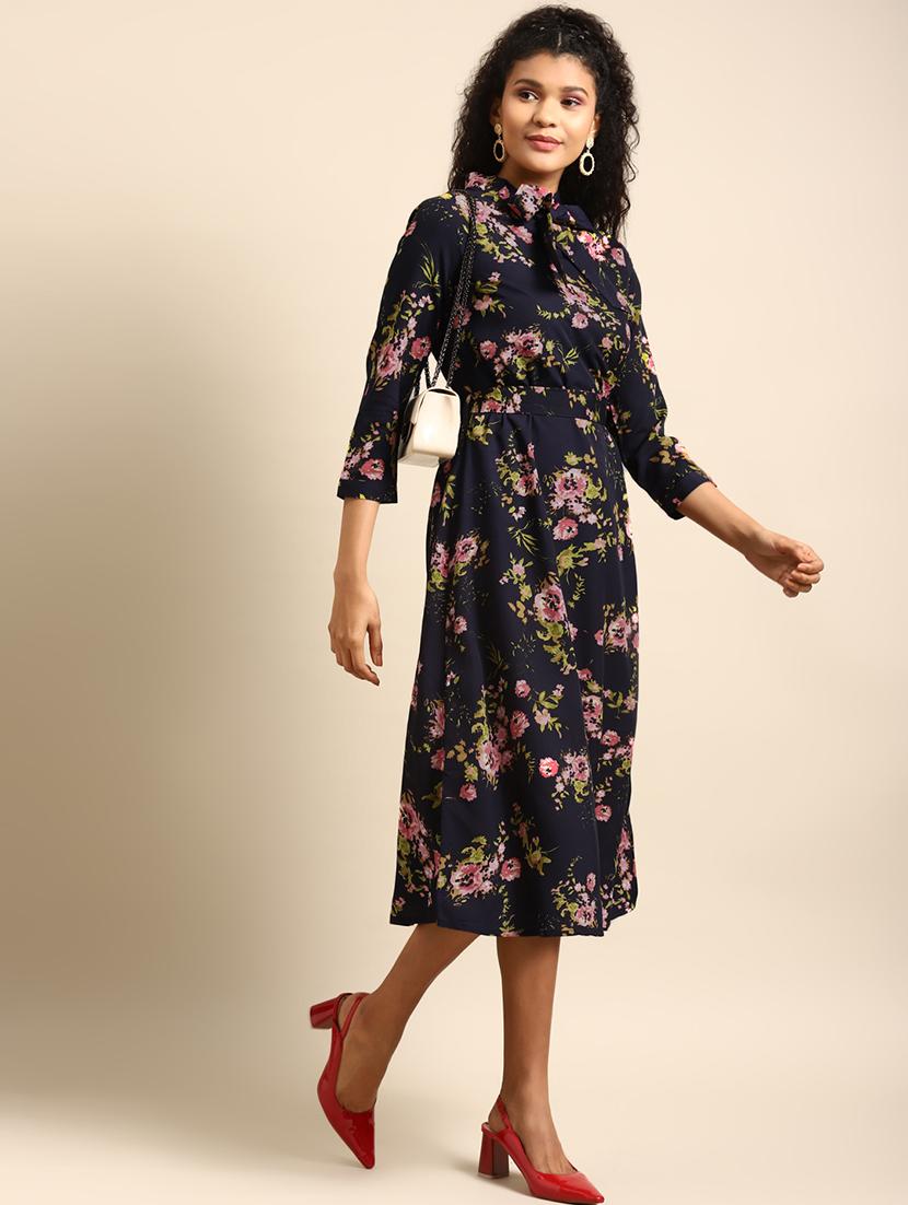 women floral print tie up neck a-line dress - 21720338 - Zoom Image - 0