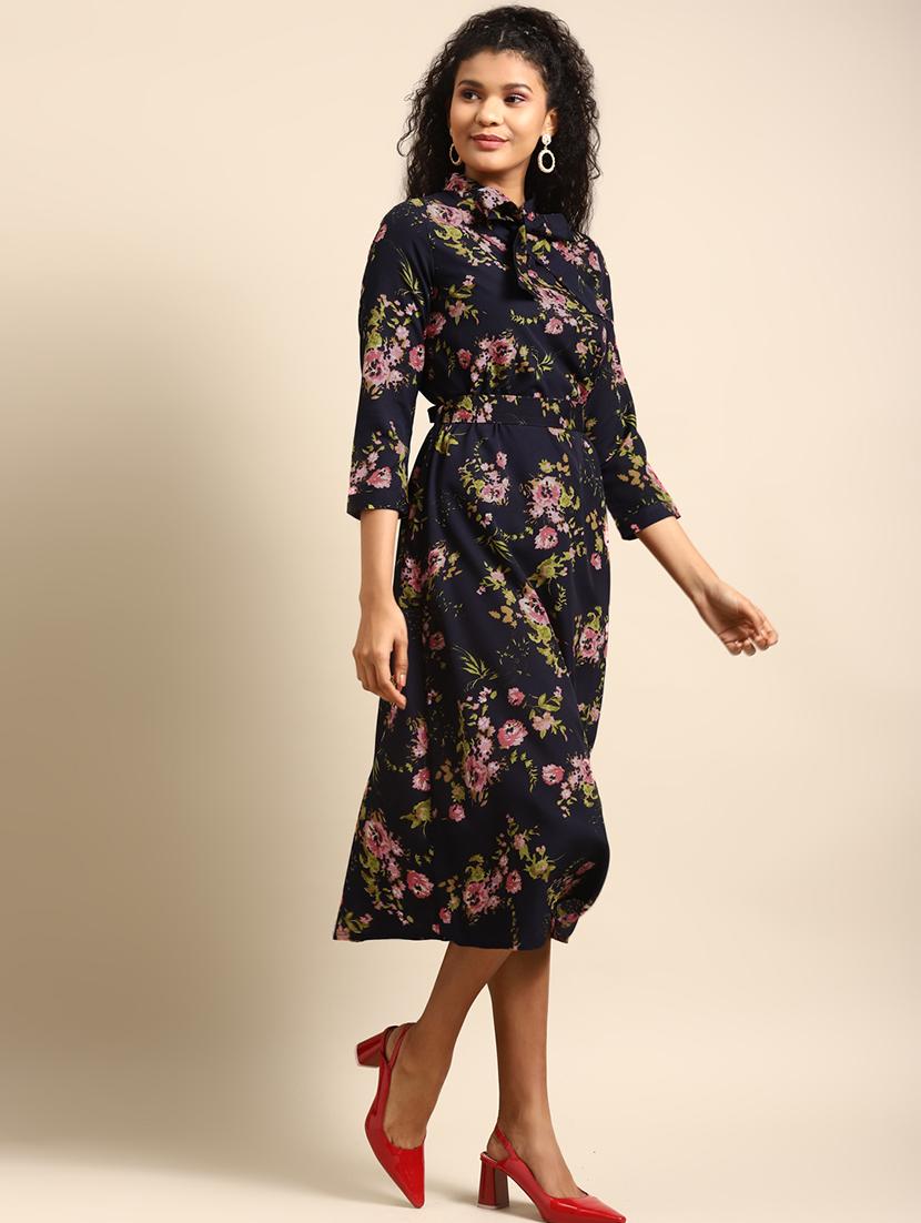 women floral print tie up neck a-line dress - 21720338 - Standard Image - 2
