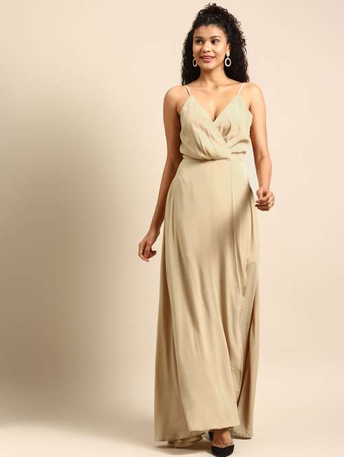 women solid shoulder strap high slit dress - 21720340 - Standard Image - 0