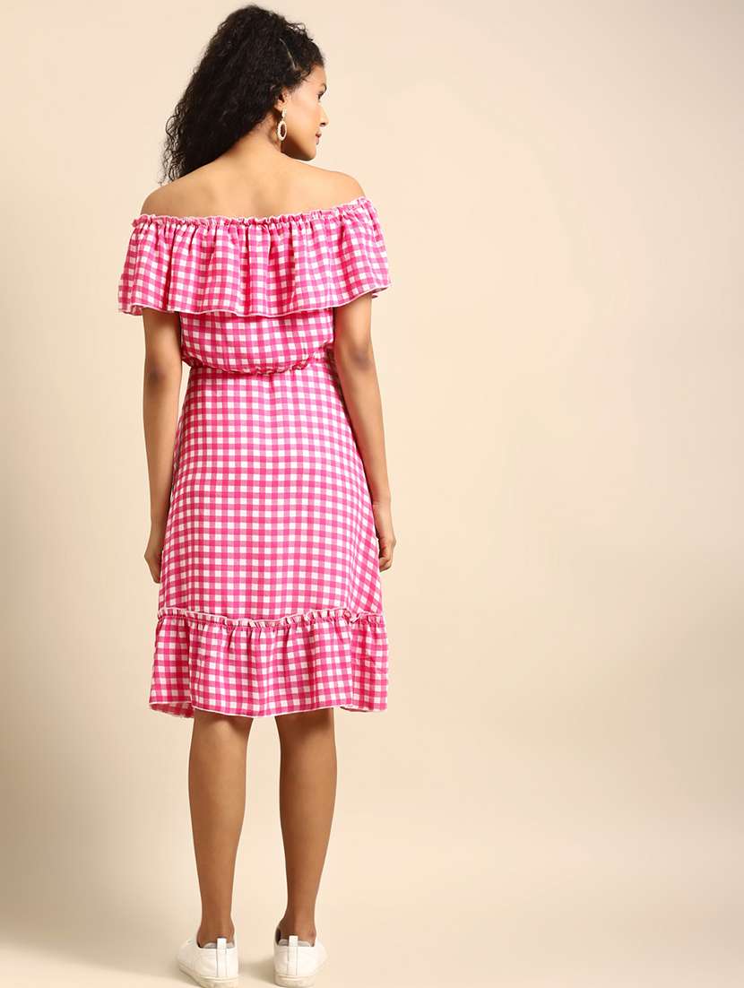 women checkered off shoulder tiered dress - 21720341 - Standard Image - 2