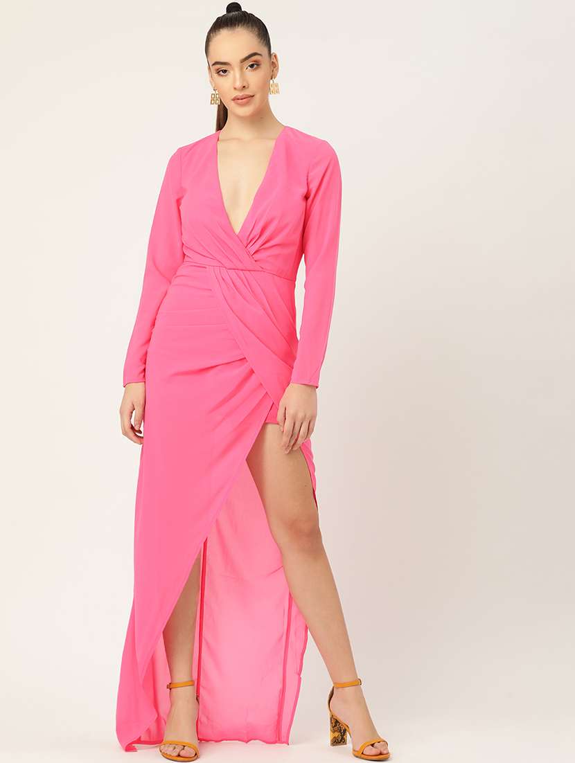 women solid long sleeves high slit dress