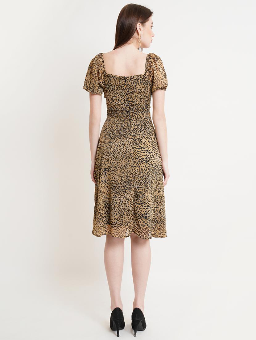 women animal print puff sleeves fit & flare dress - 21720355 - Standard Image - 2