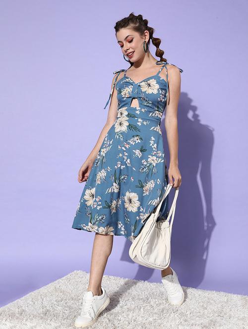 women tie up neck floral printed fit & flare dress - 21720363 -  Standard Image - 0