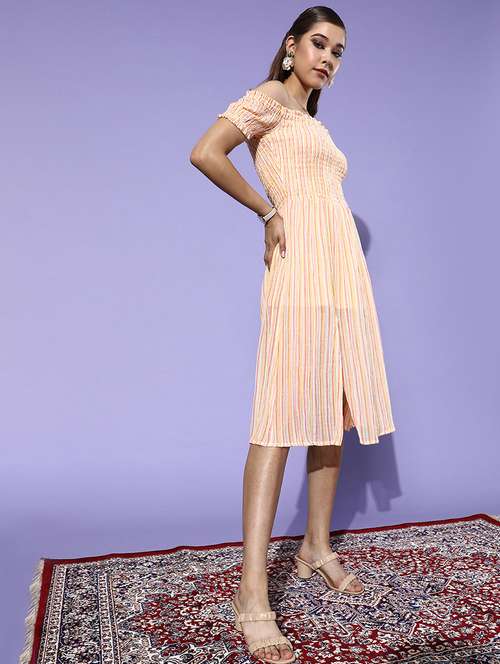 women striped off shoulder a-line dress - 21720371 - Standard Image - 0