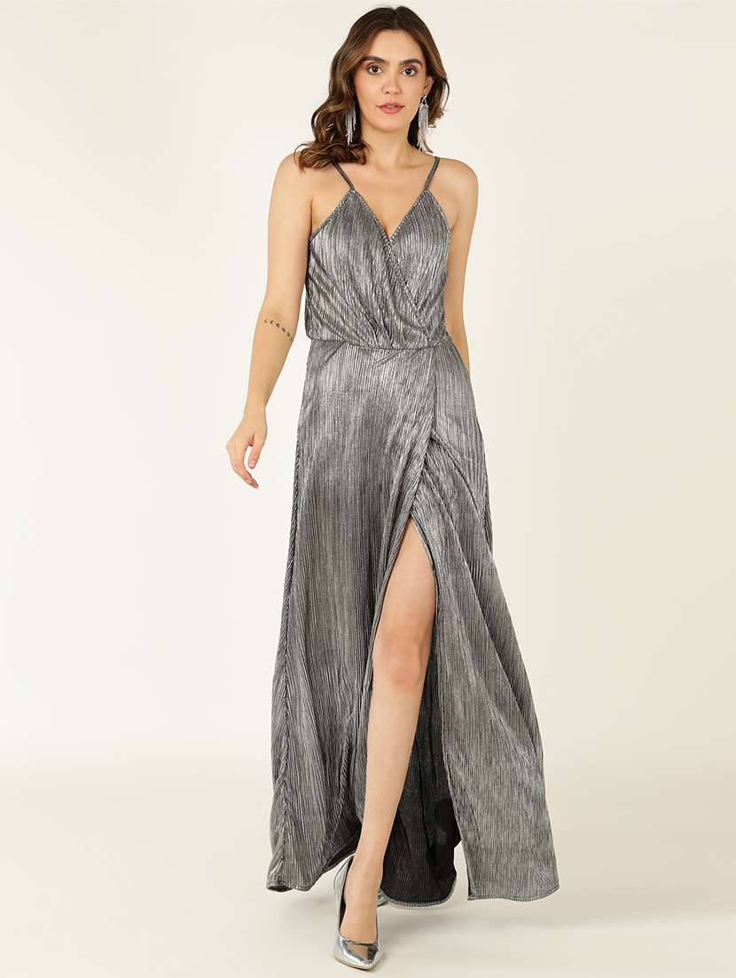 women overlap neck solid high slit dress