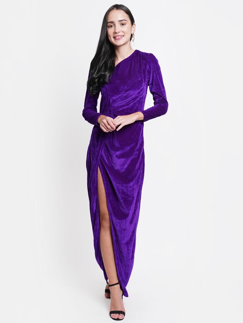 women long sleeves solid high slit dress - 21720377 - Zoom Image - 0