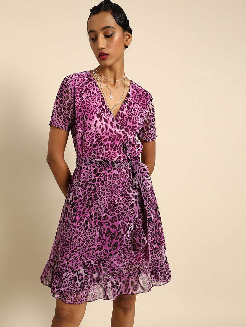 women overlap neck animal printed wrap dress