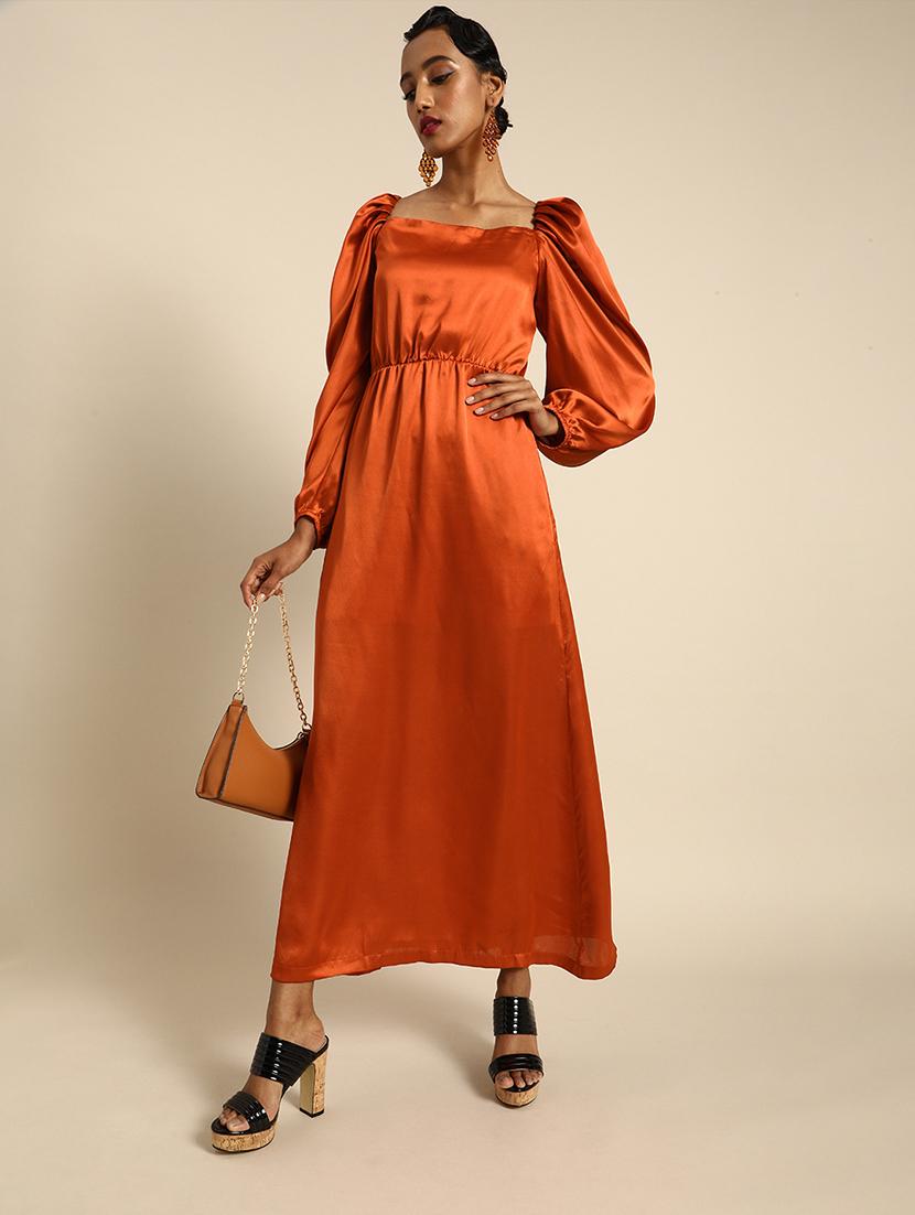 women puff sleeves solid a-line dress - 21720404 - Zoom Image - 0