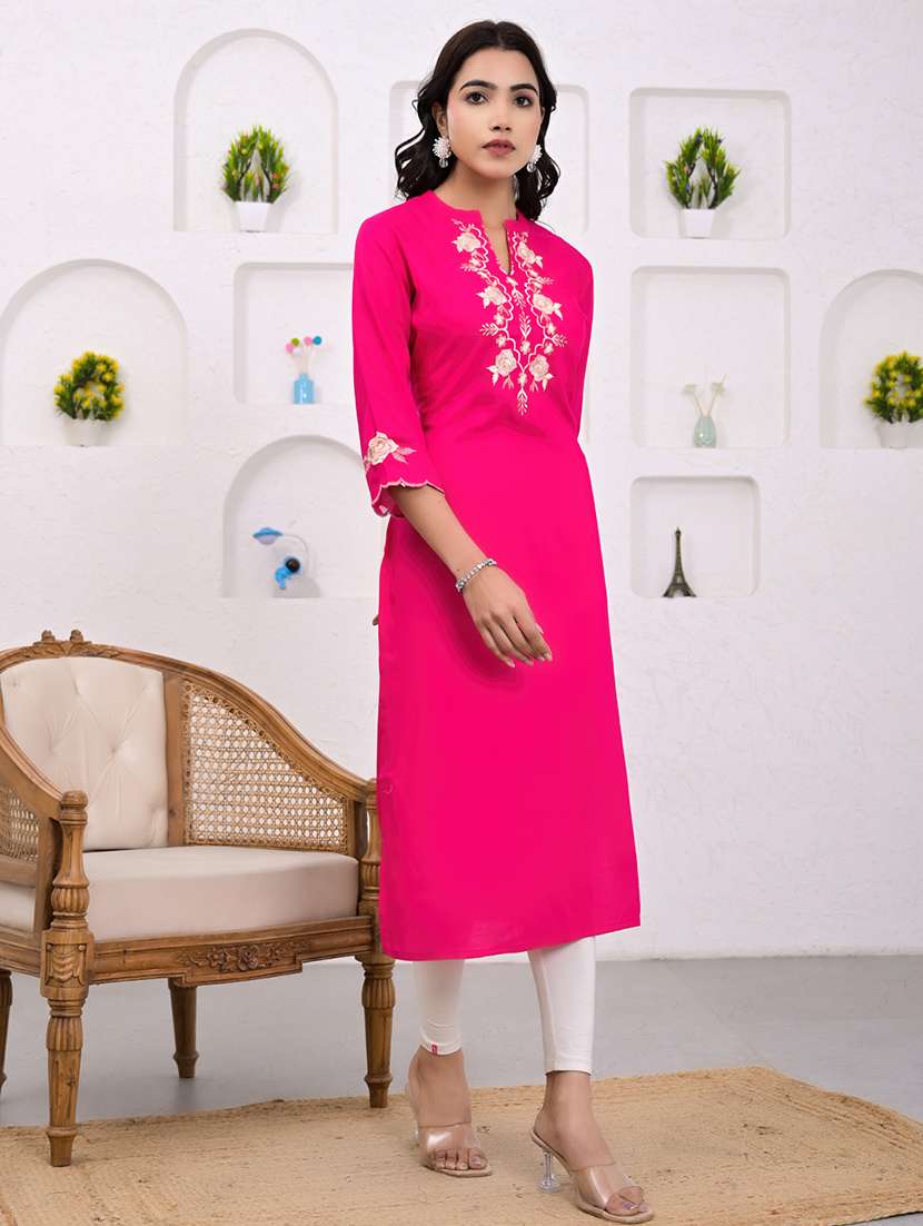 women embroidered three quarter sleeve straight kurta - 21720804 -  Standard Image - 2