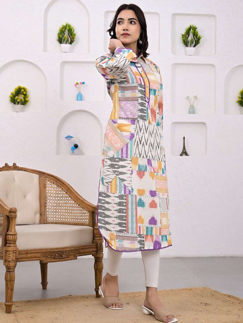 women printed three quarter sleeve straight kurta - 21720806 -  Standard Image - 2