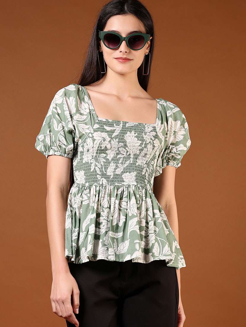 women green floral printed puff sleeve top