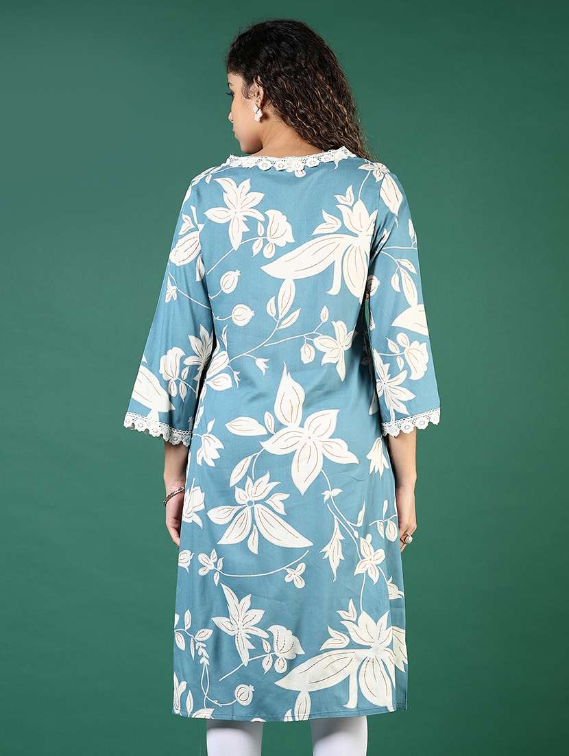 women floral printed three quarter sleeve straight kurta - 21721055 -  Standard Image - 2