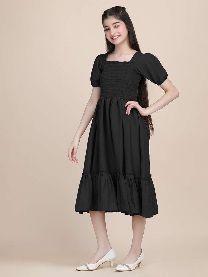 women solid puff sleeves tiered dress - 21721197 - Standard Image - 2