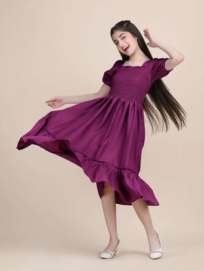 women solid puff sleeves tiered dress - 21721199 - Standard Image - 2