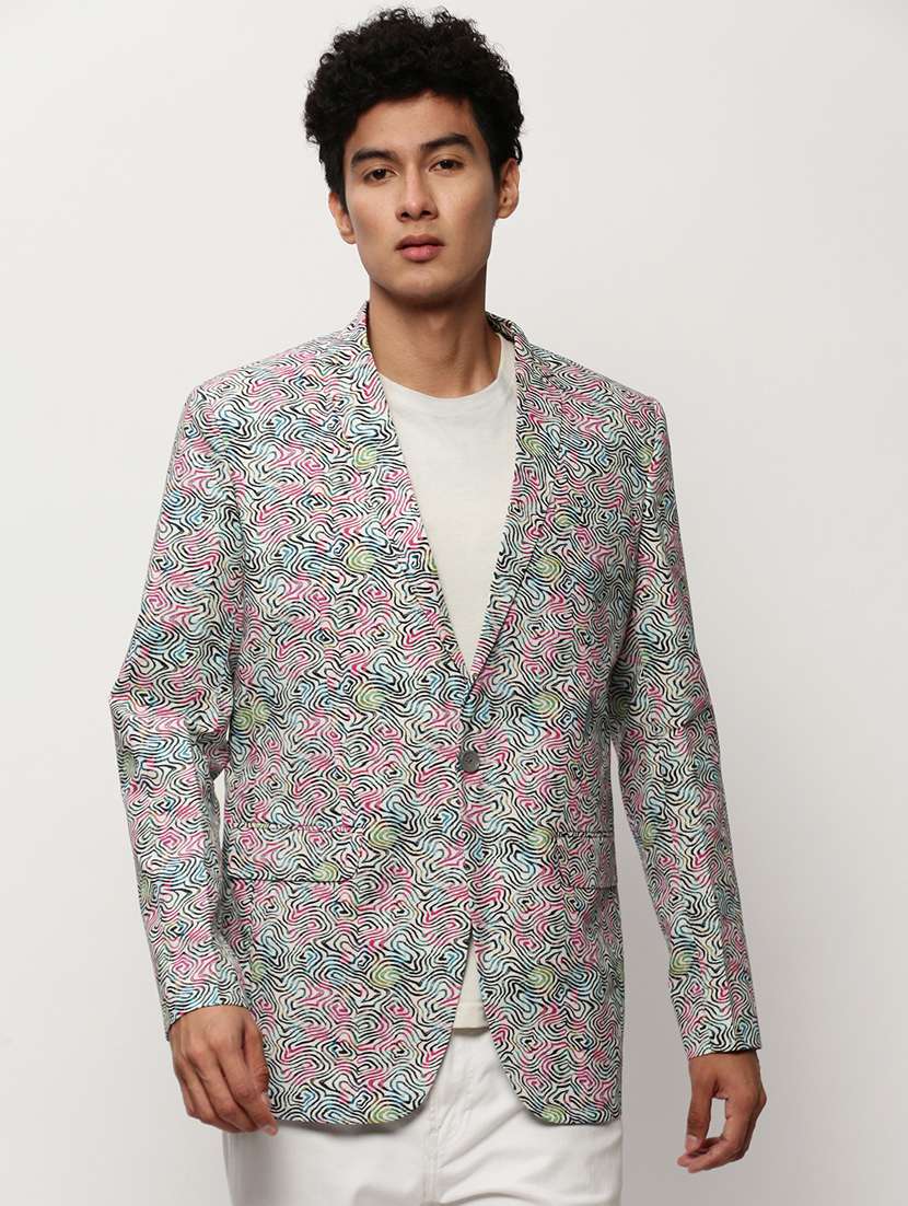 men printed lapel collar single breasted casual blazer