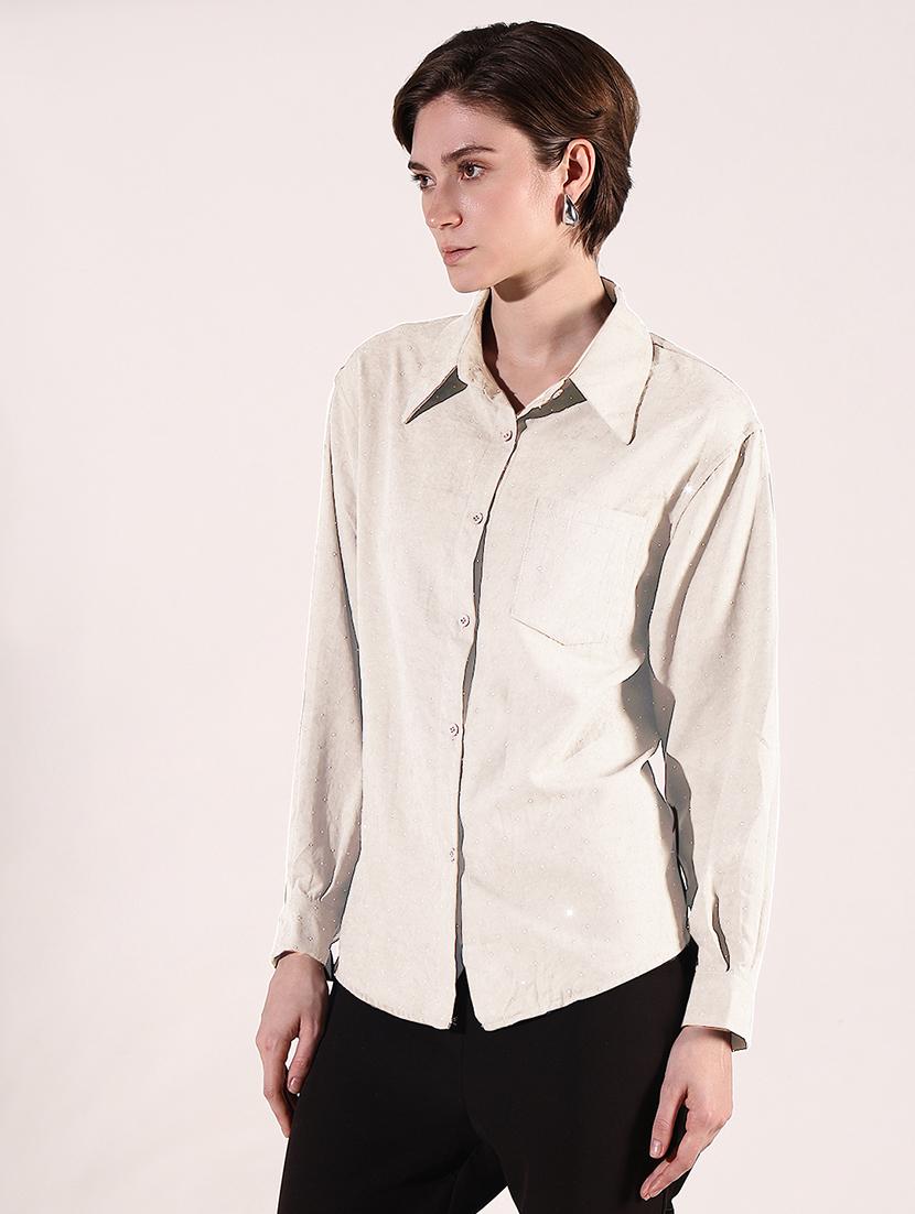 women beige solid with work long sleeve shirt - 21721655 - Standard Image - 2