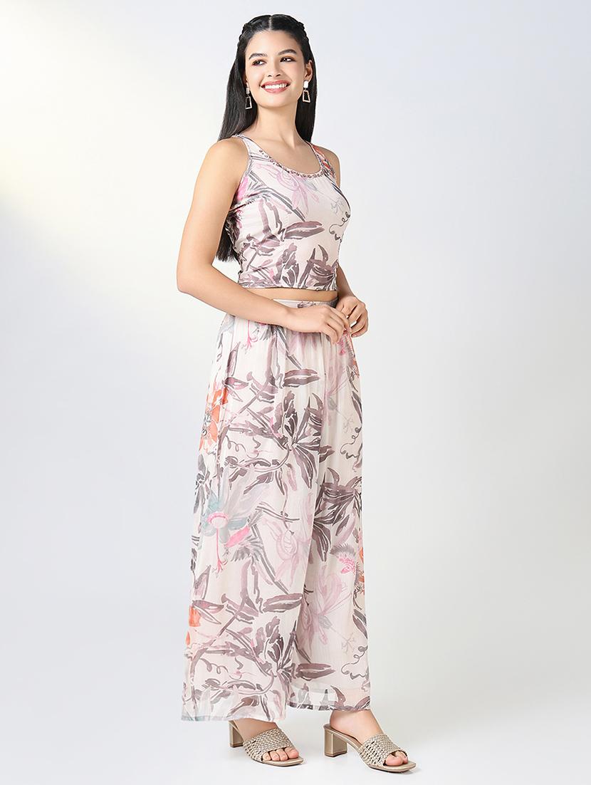 women beige floral printed round neck fusion set - 21721656 - Standard Image - 2