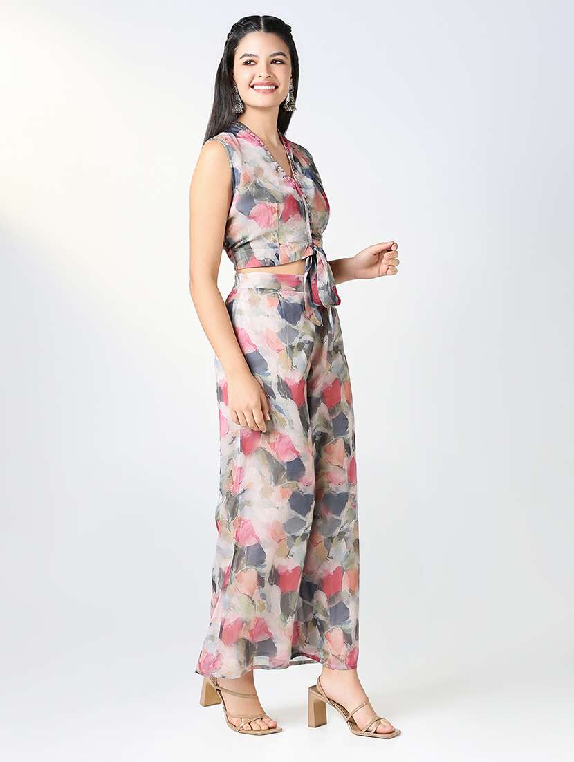 women grey printed v neck fusion set - 21721657 -  Standard Image - 2