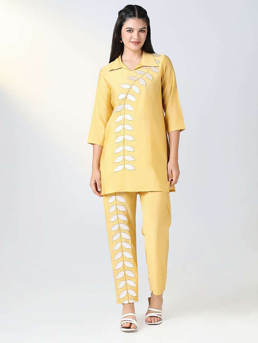 women yellow embroidered kurta pant co-ords set