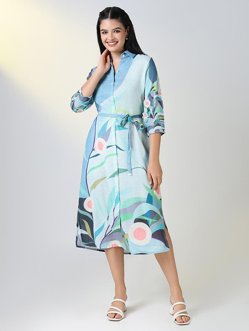 women printed three quarter sleeve shirt dress - 21721678 - Zoom Image - 0