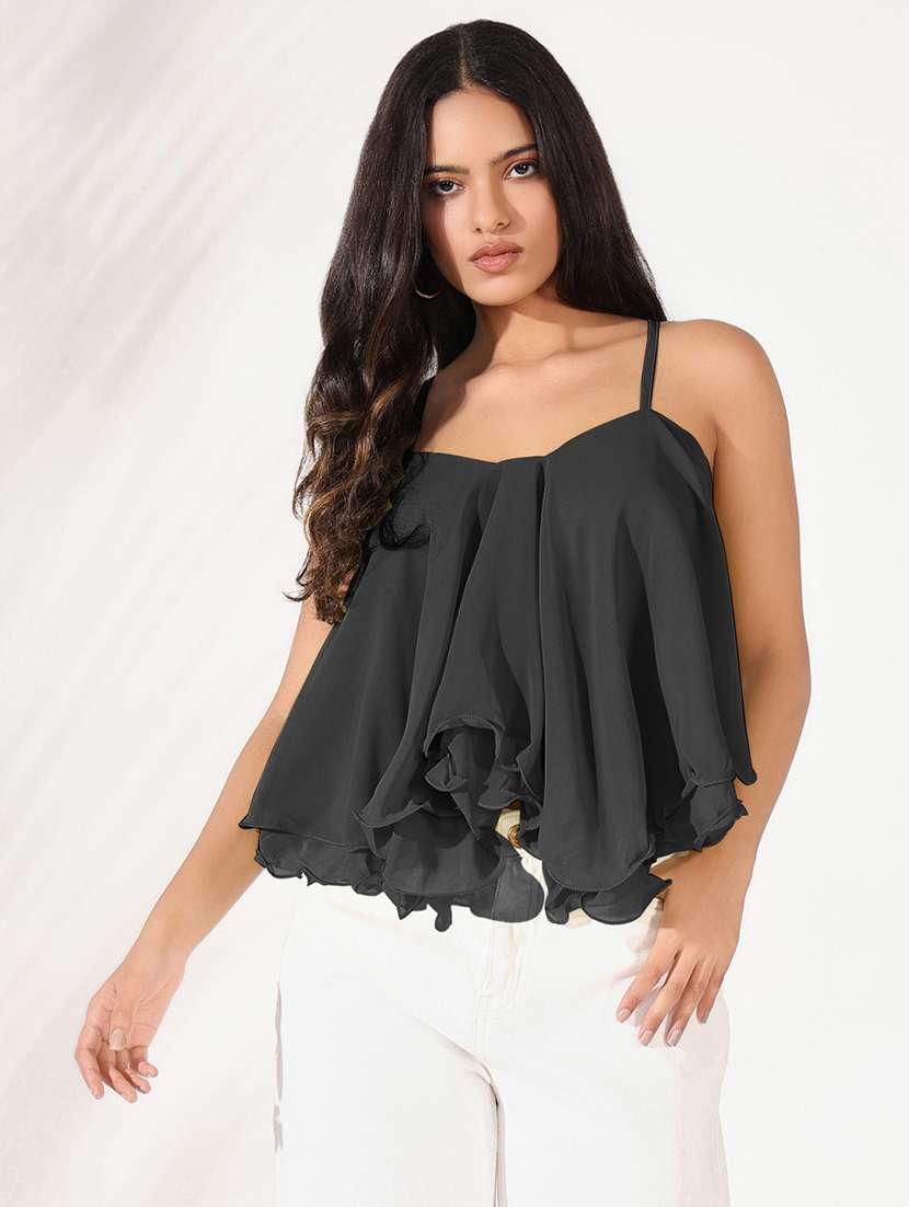 women solid shoulder strap neck regular top
