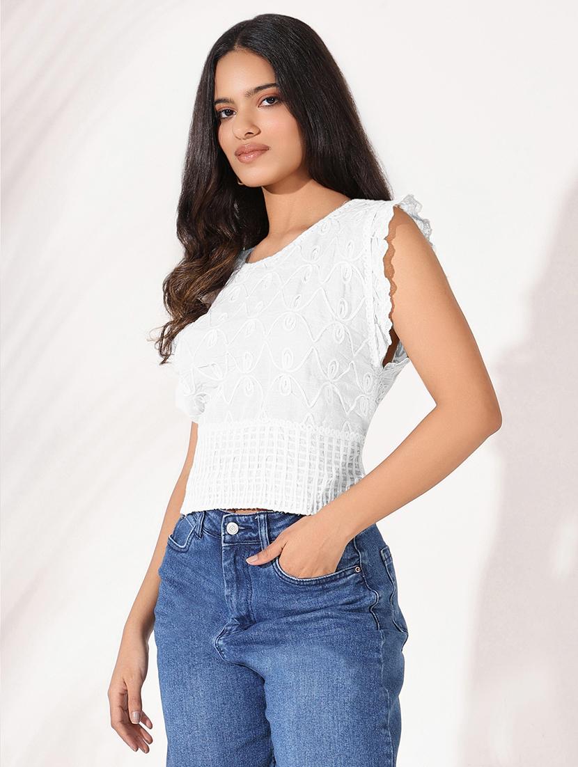 women white round neck embroidered crop top - 21721692 - Standard Image - 2