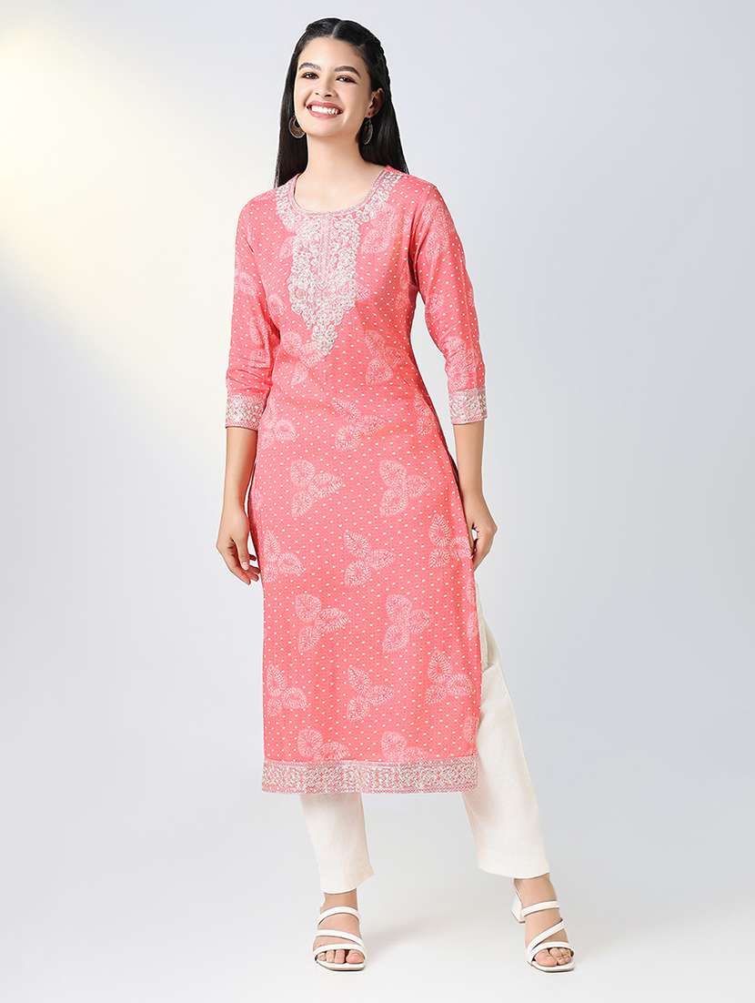 women pink printed three quarter sleeve straight kurta