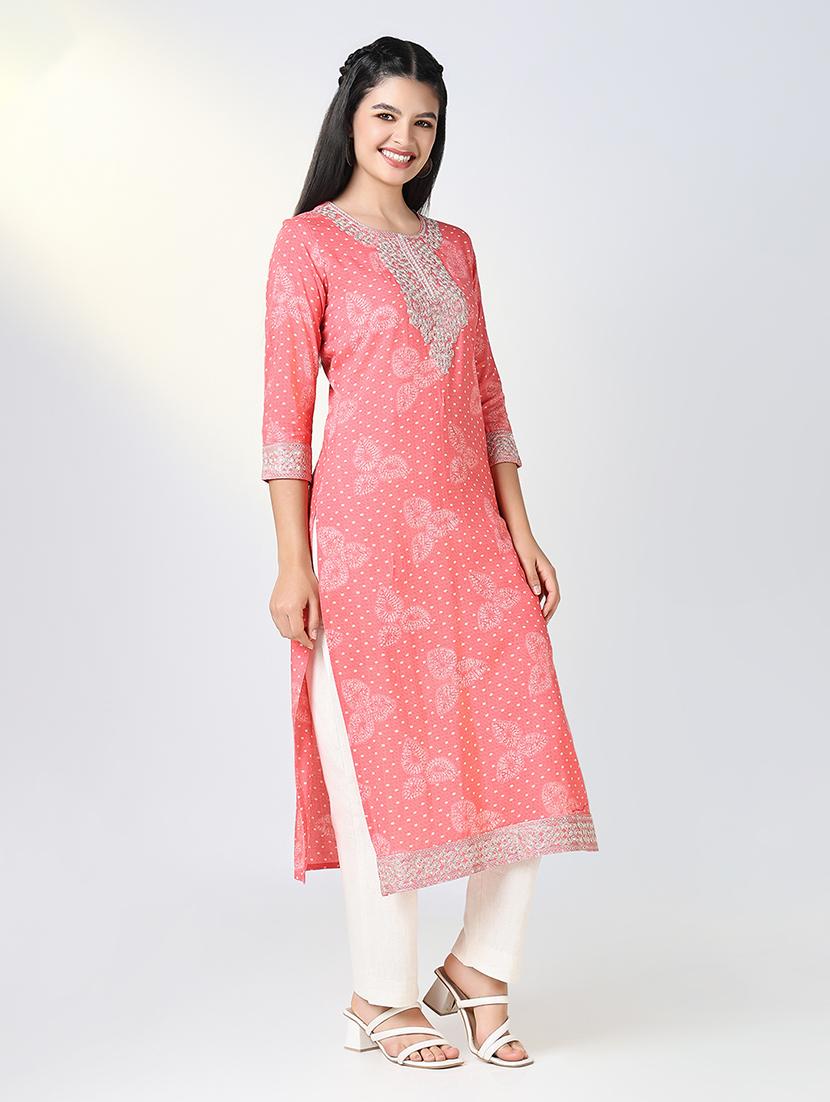 women pink printed three quarter sleeve straight kurta - 21721695 - Standard Image - 2