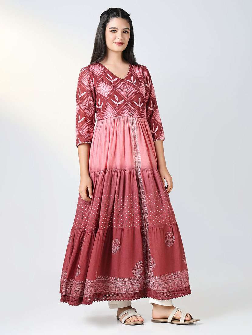 women printed v neck tiered kurta - 21721700 - Standard Image - 2