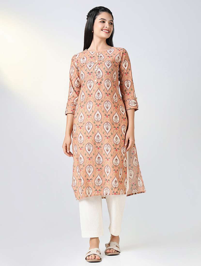 women peach printed three quarter sleeve straight kurta