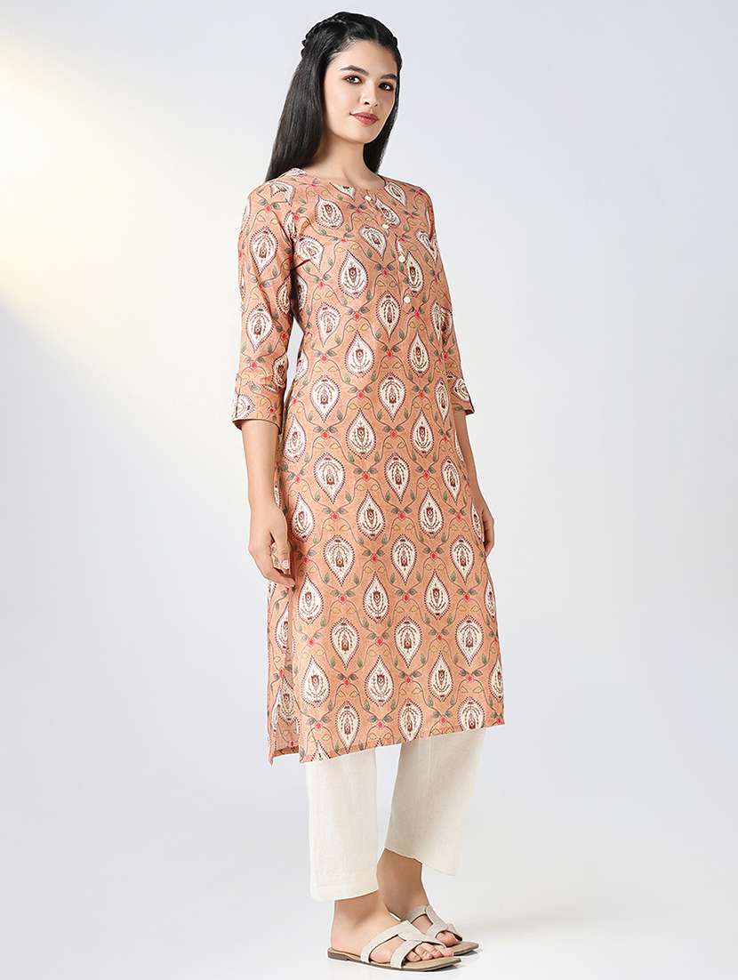 Women Peach Printed Three Quarter Sleeve Straight Kurta - 21721702 -  Standard Image - 2