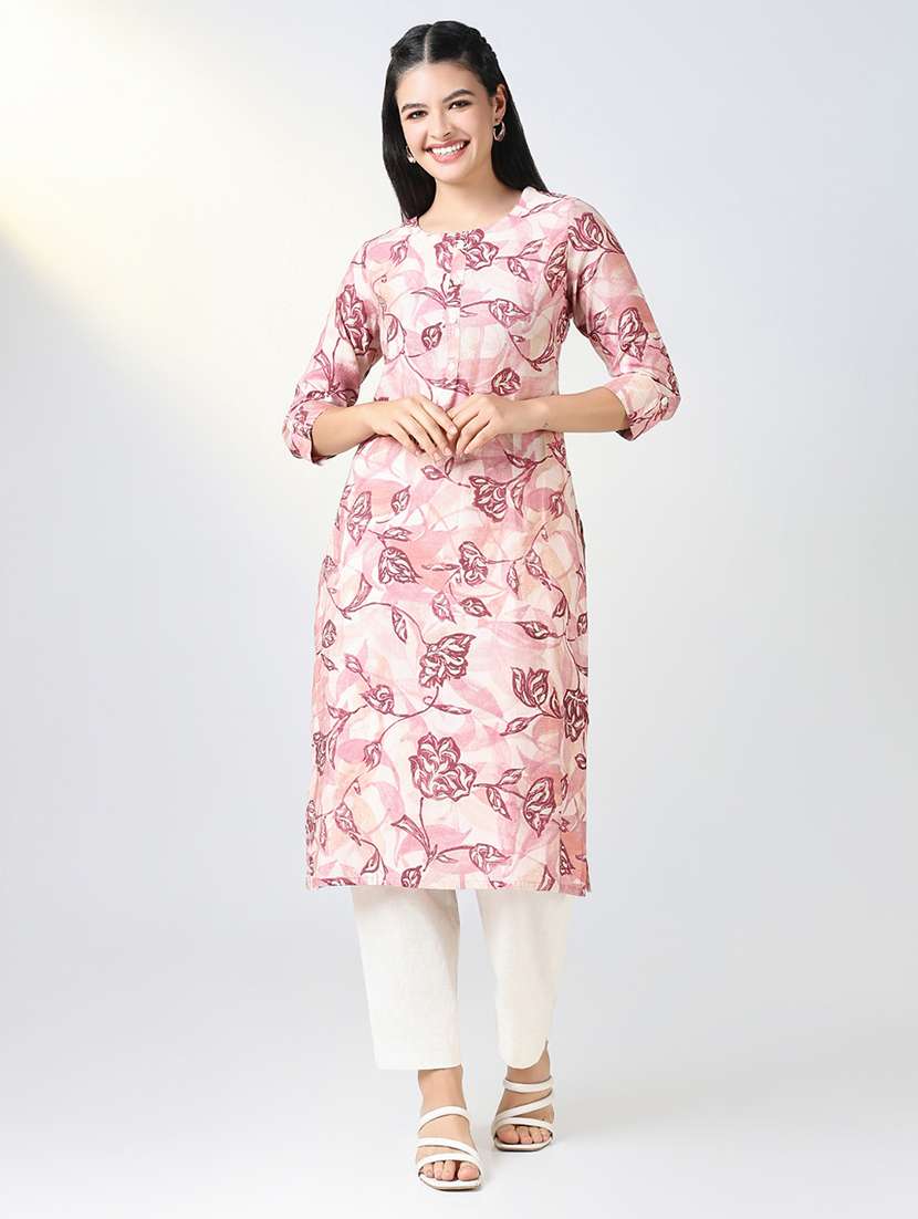 women pink floral printed three quarter sleeve straight kurta - 21721703 - Zoom Image - 0