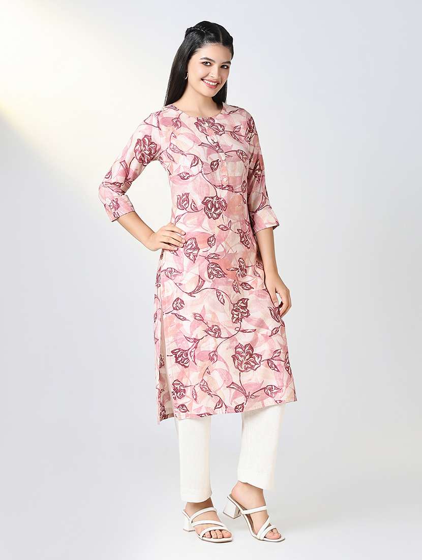 women pink floral printed three quarter sleeve straight kurta - 21721703 - Standard Image - 2