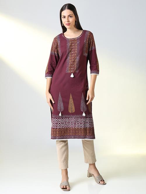 women purple printed three quarter sleeve straight kurta - 21721707 -  Standard Image - 0