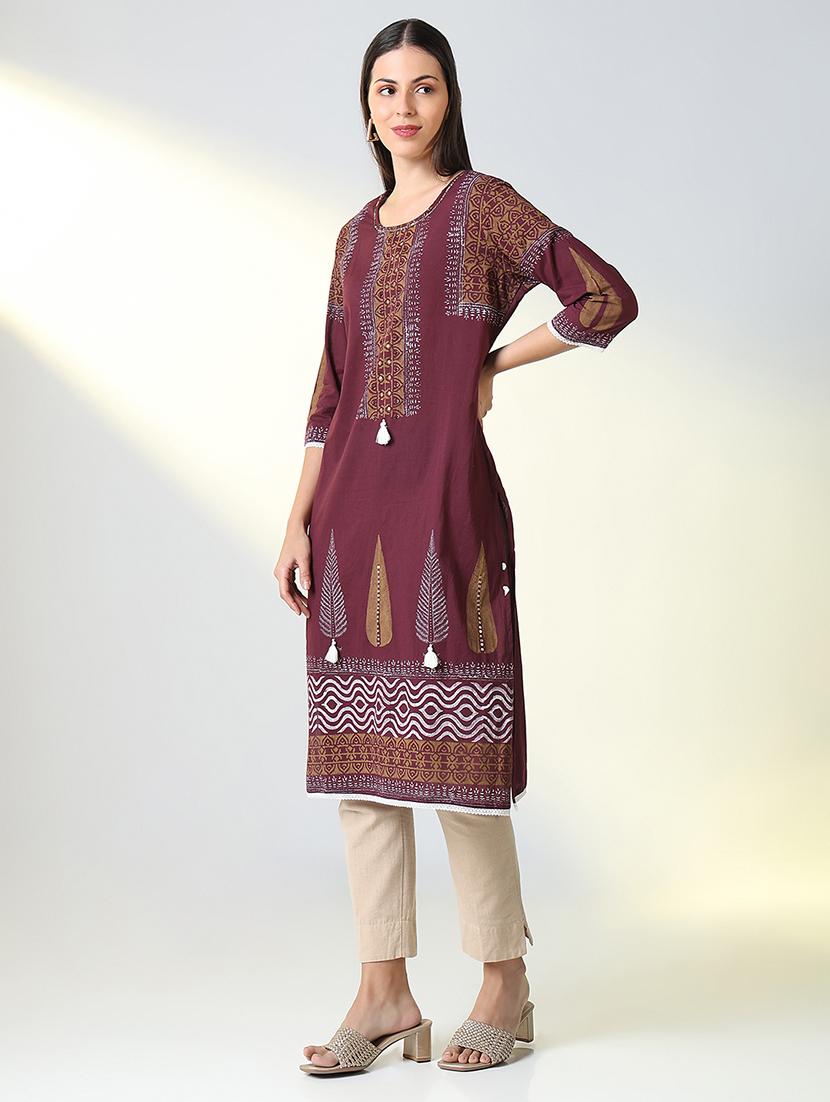women purple printed three quarter sleeve straight kurta - 21721707 - Standard Image - 2