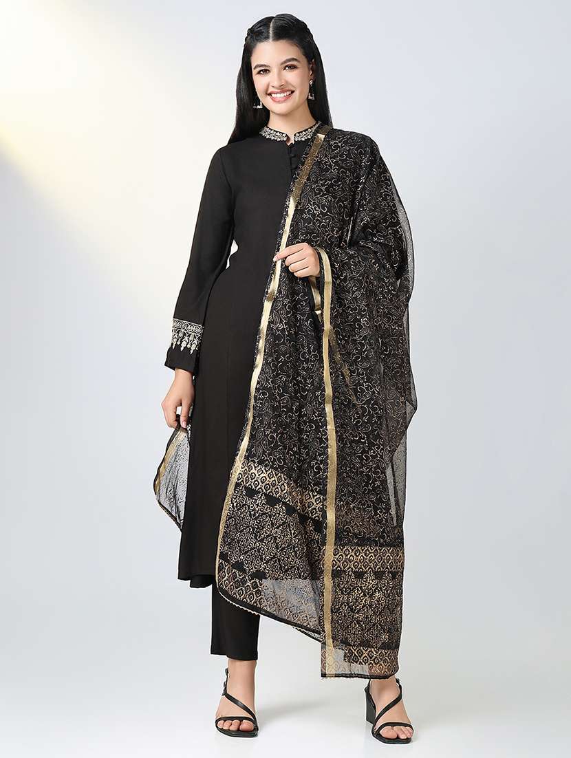 women black long sleeve kurta pant with dupatta set 