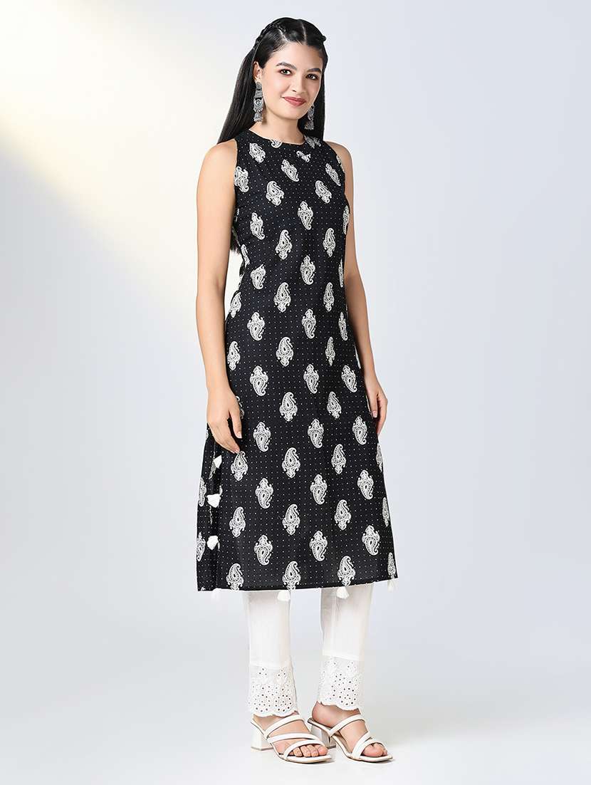 women black paisley printed sleeveless kurta pant set - 21721720 -  Standard Image - 2