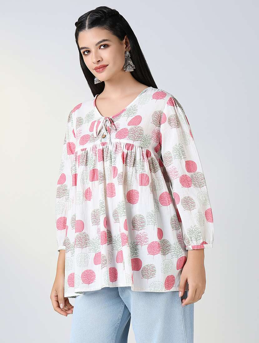 women white printed v neckk a-line kurti - 21721724 - Standard Image - 2