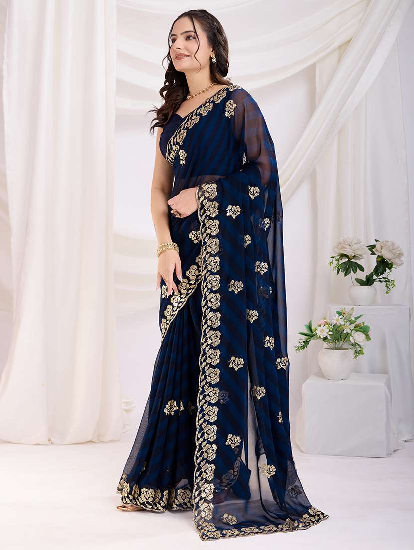 women navy blue embroidered saree with blouse - 21721815 -  Standard Image - 2